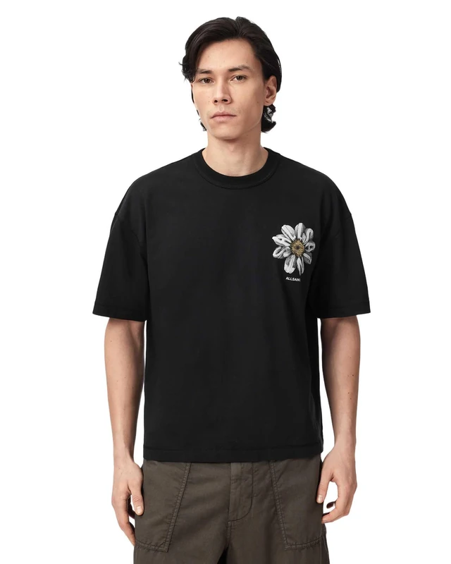 AllSaints Men's Petals SS Crew Graphic T-Shirt, Washed Black, XL