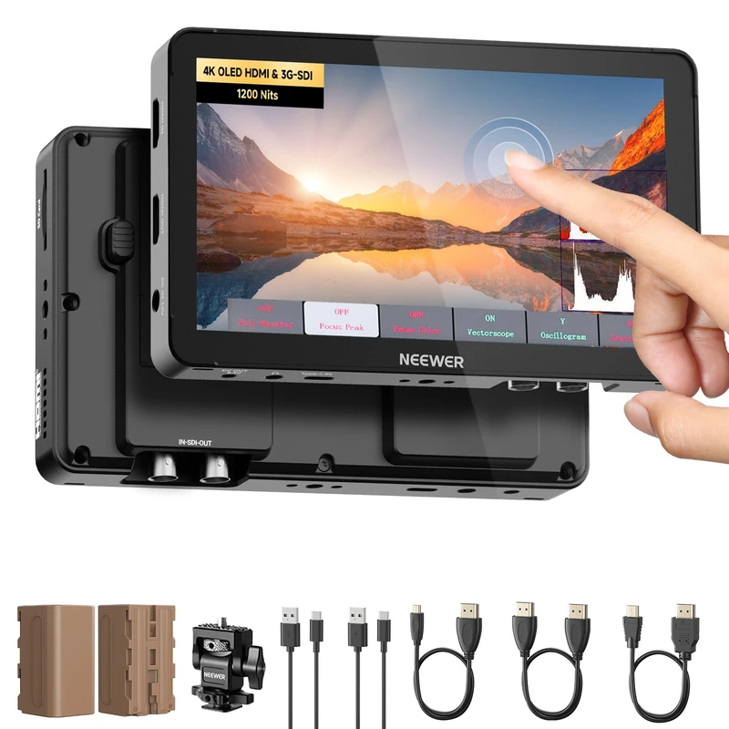 NEEWER 7" DSLR Camera Field Monitor, 1200nits 1920x1080 OLED Touchscreen, 4K HDMI Loop in/Out with 3D LUT Peak Focus Video Assist HDR Waveform/SDI/2 4400mAh F750 Batteries for Photo Filmmaking, F700U