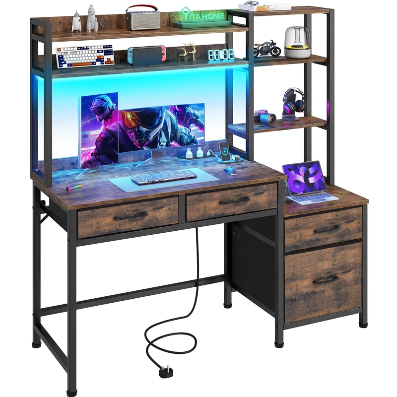 YITAHOME Computer Desk with Drawers, Home Office Corner Computer Table Storages & Shelves, Gaming Desks Workstations with LED Lights & Power Outlets, Study Table Corner Desk with File Drawer, Vintage