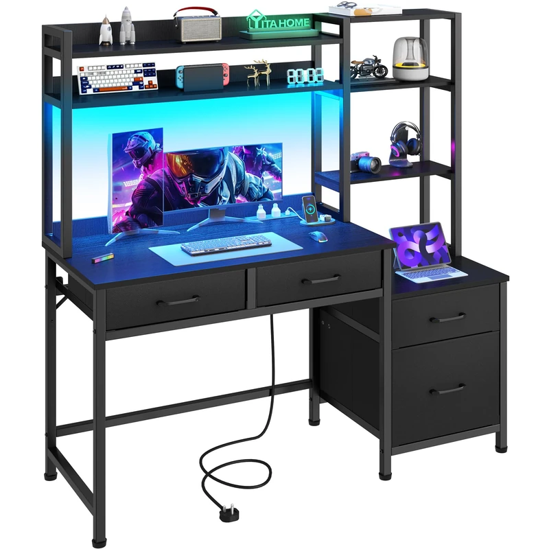 YITAHOME Computer Desk with Drawers, Home Office Corner Computer Table Storages & Shelves, Gaming Desks Workstations with LED Lights & Power Outlets, Study Table Corner Desk with File Drawer, Black