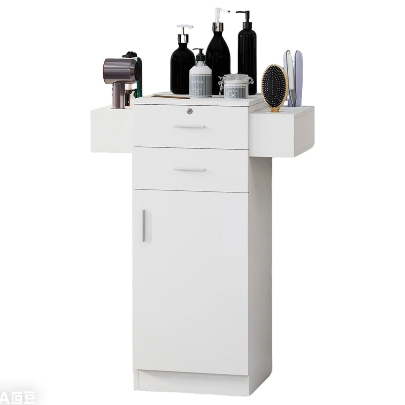 RELAX4LIFE Hairdressing Salon Cabinet, Multi Functional Beauty Spa Barber Station with 6 Hair Dryer Holders, 2 Drawers and 1 Door Cabinet, Professional Lockable Salon Storage Organizer (White)