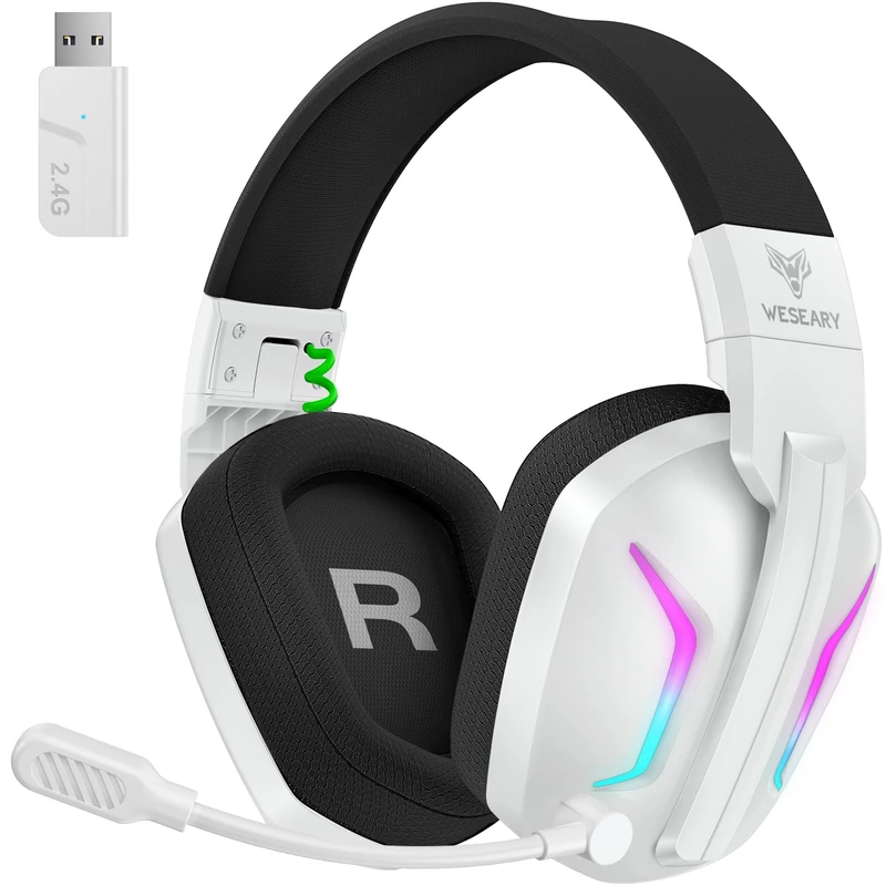 WESEARY Wireless Gaming Headset with Microphone for PS5, PS4, PC, Switch, Smartphone, Mac, Laptop, 2.4 GHz & Bluetooth Headphones with Noise Cancelling Microphone, 50H Battery, LED Light, Surround