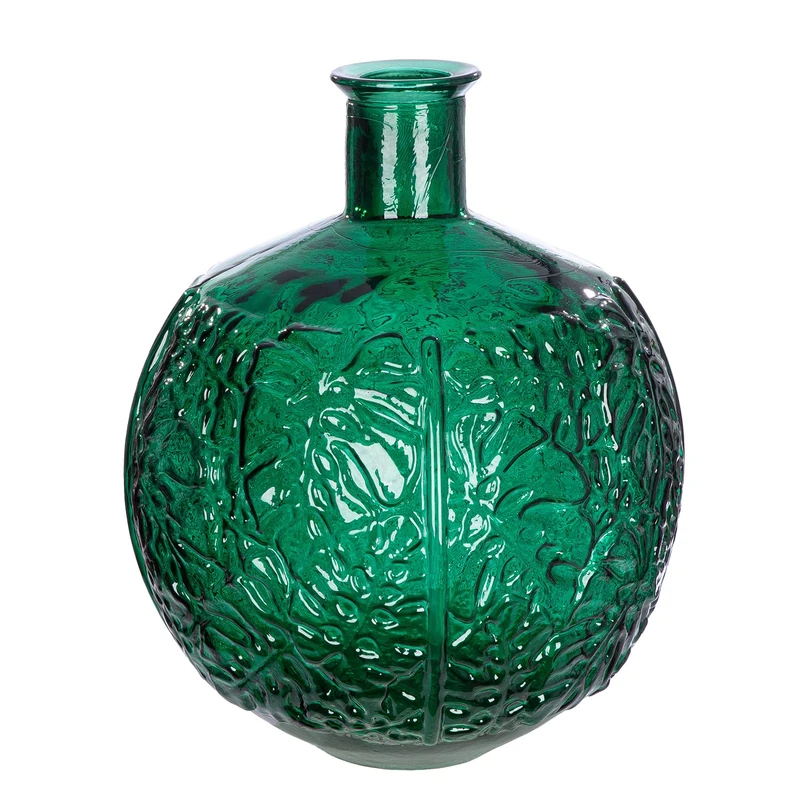 GILDE Jungle Glass Vase - Leaf Motif - Round - Shiny - Green - Height 44 cm x Diameter 33 cm - Waterproof Flower Vase