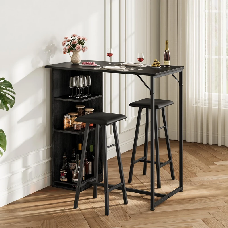 Garvee Industrial Bar Set 3 Pieces with 3 Shelves – Table and 2 Stools – Cup Holder – Ideal for Kitchen or Small Dining Room – Black with Black Frame and Cushion - Image 1