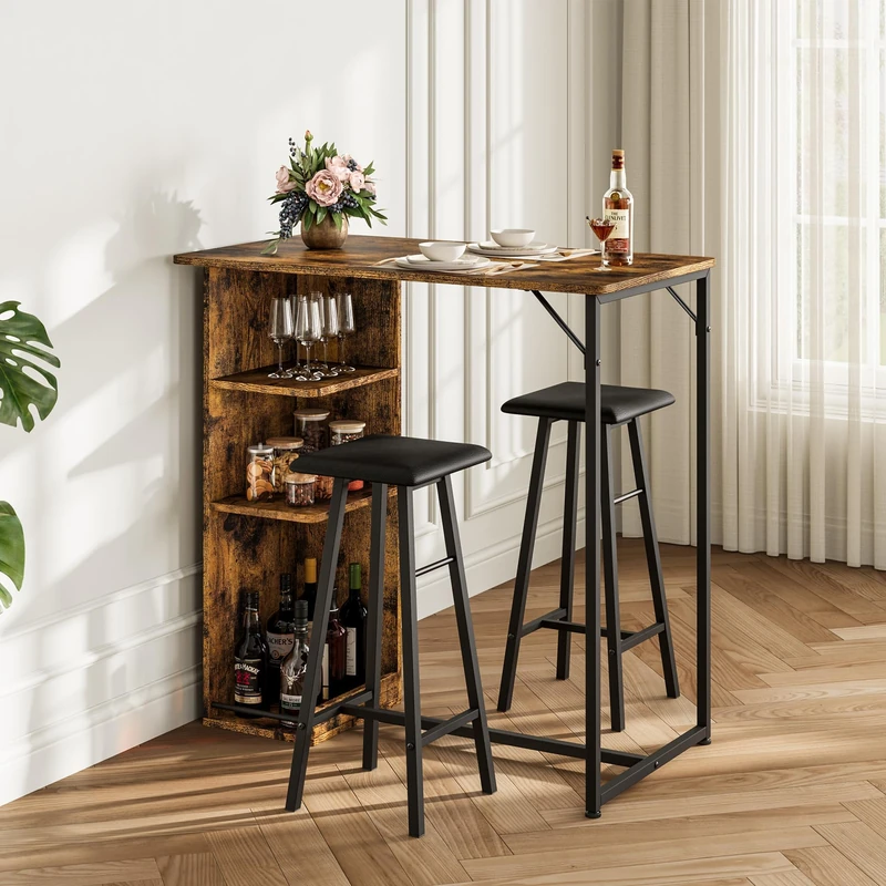 Garvee 3 Piece Bar Set with Shelves – Small Table and 2 Metal Stools for Kitchen, Dining Room or Apartments – Save Space – Vintage Colour + Black Tube (Cushion) - Image 1