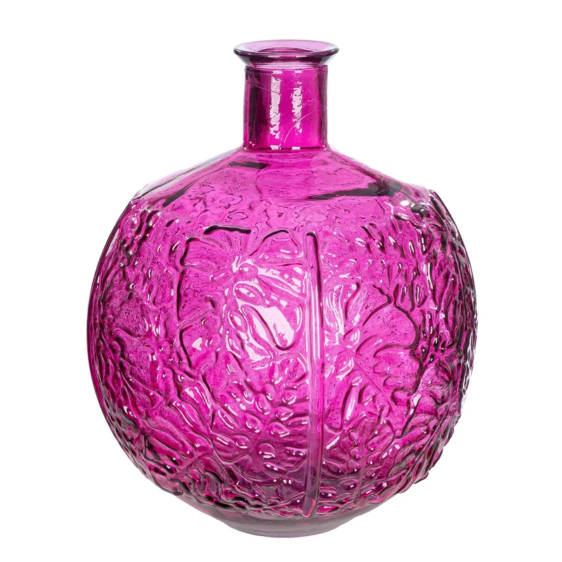 GILDE Jungle Glass Vase - Leaf Motif - Round - Shiny - Magenta - Height 44 cm x Diameter 33 cm - Waterproof Flower Vase - Image 1