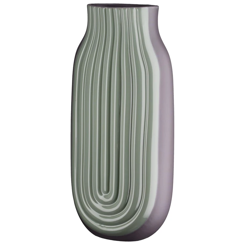GILDE Curve Ceramic Vase – Green – Glossy – Matt – Ribbed – Conical – Height 37 cm x Width 17 cm – Waterproof Flower Vase