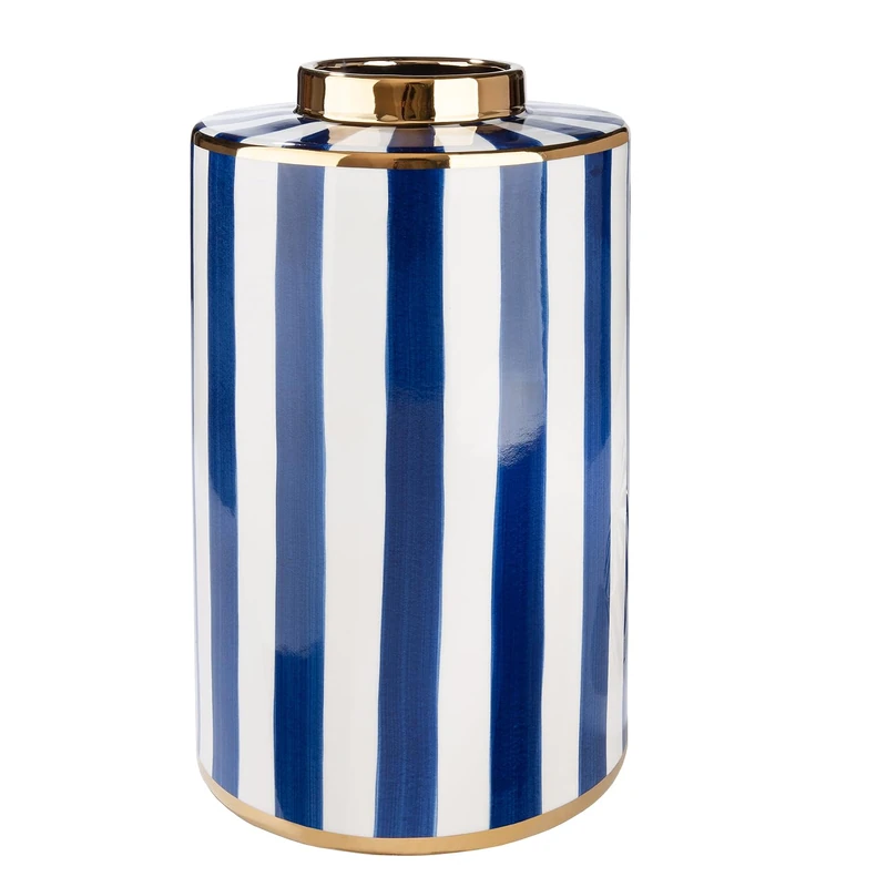 GILDE Elio Vase Ceramic Cylindrical Glazed Striped Blue White Height 40 cm x Diameter 20 cm Felt Gliders and Waterproof Vase - Image 1