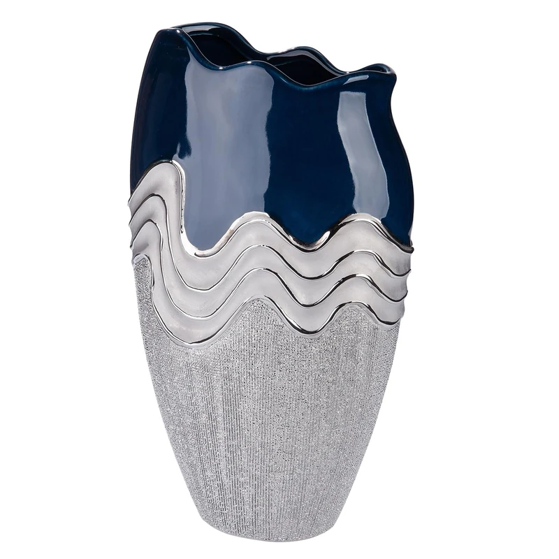 GILDE Wavy Vase Ceramic Conical Height 39 cm x Width 22.5 cm Dark Blue Silver Glazed Textured Waterproof Flower Vase - Image 1