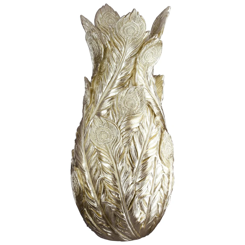 GILDE Pavoa Resin Vase – Gold – Shiny – Peacock Feather Motif – Height 40 cm x Diameter 19 cm – Decorative Vase