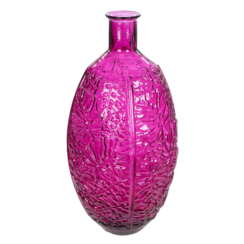 GILDE Floor Vase Jungle Glass Leaf Motif Round Glossy Magenta Height 59 cm x Diameter 29 cm Waterproof Flower Vase