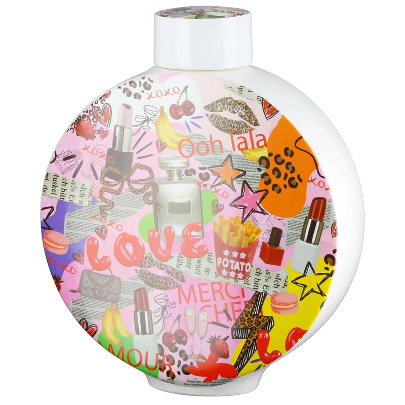 GILDE OOH LALA Ceramic Lid Vase, Pop Art Motif, Round, Multi-Coloured, Height 35 cm x Width 29 cm, Decorative Vase