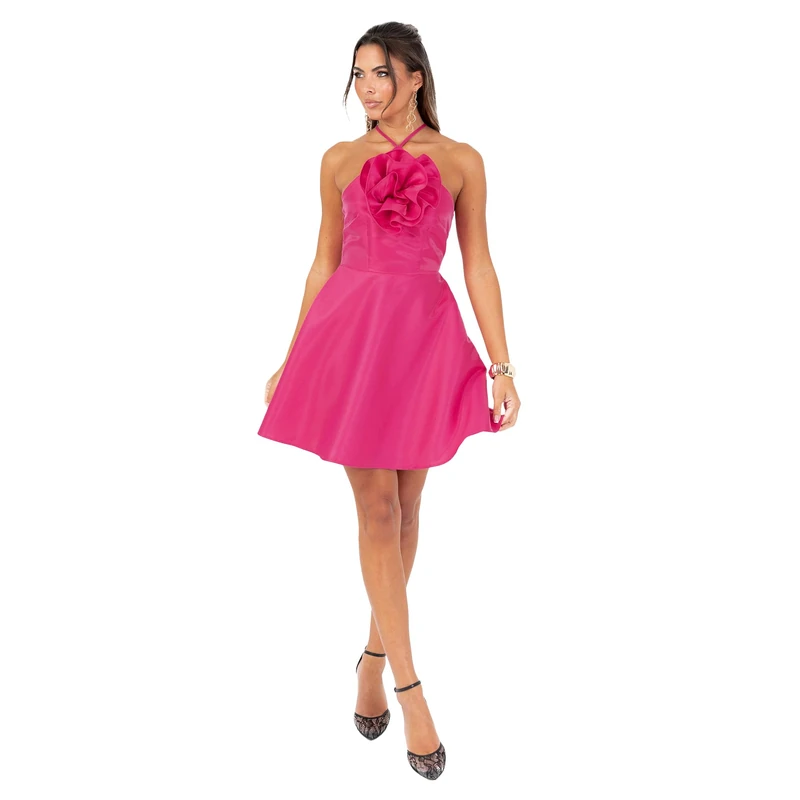 Women’s Pink Halter Neck Skater Dress with 3D Flower Detail Sleeveless Party Cocktail Mini Dress Size 18 - Image 1