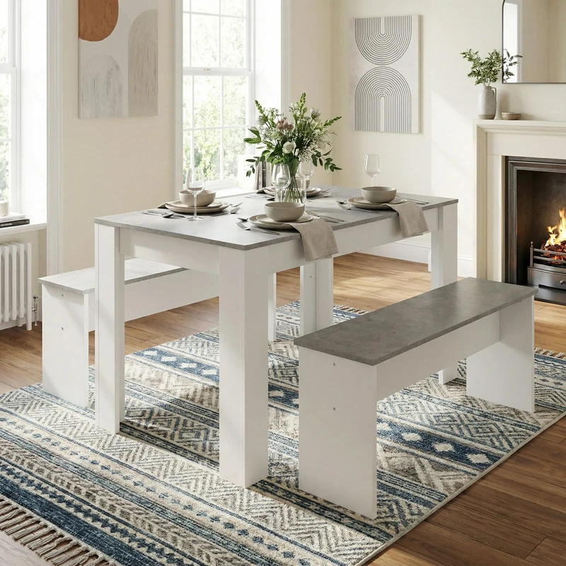 39F Furniture Dream 3-Piece Dining Table Set with 2 Benches, Artificial Marble Top, Compact Modern Kitchen Table, Grey & White, MDF, Easy Assembly, Space-Saving for Small Dining Room