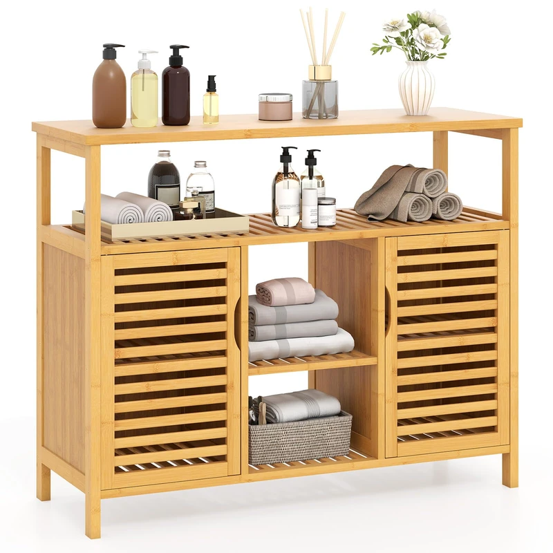 RELAX4LIFE Bathroom Floor Cabinet, Freestanding Bamboo Storage Cupboard with Double Shutter Doors and Open Shelves, Slatted Floor Sideboard Storage Organizer (Double-Door Cabinet + Top Open Shelf)