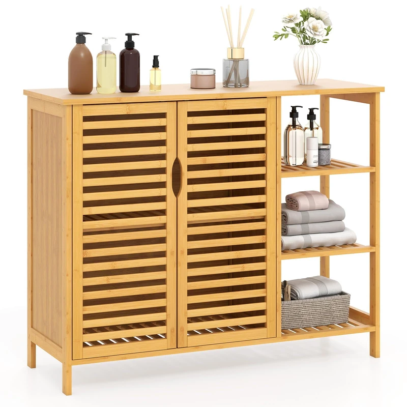 RELAX4LIFE Bathroom Floor Cabinet, Freestanding Bamboo Storage Cupboard with Double Shutter Doors and Open Shelves, Slatted Floor Sideboard Storage Organizer (Double-Door Cabinet + Side Open Shelves)