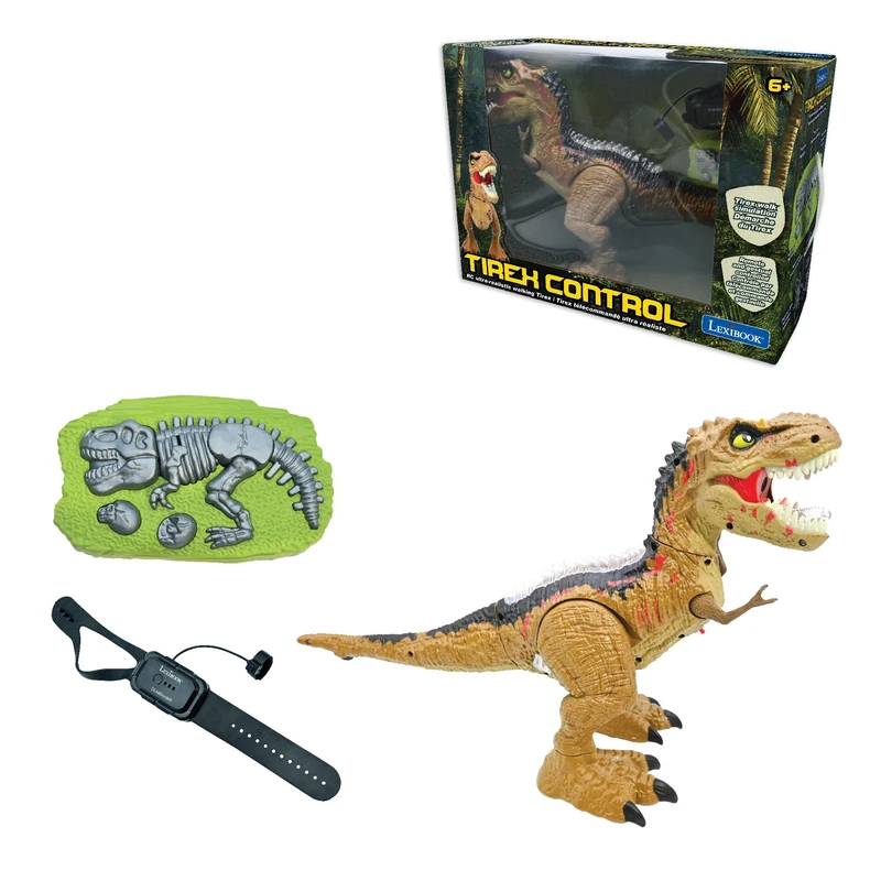LEXIBOOK - RC Tyrannosaurus Control, Realistic dinosaur, Articulated movements, Roars, Smoke spitting, Light effects, Rechargeable, Fossil and hand-held remote controls included, DINO02LXB
