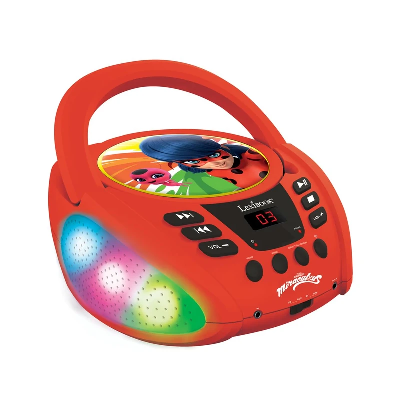 LEXIBOOK - Miraculous - Bluetooth CD player for kids – Portable, Multicoloured light effects, Microphone jack, Aux-in jack, AC or battery-operated, Girls, Boys, RCD109MILXB