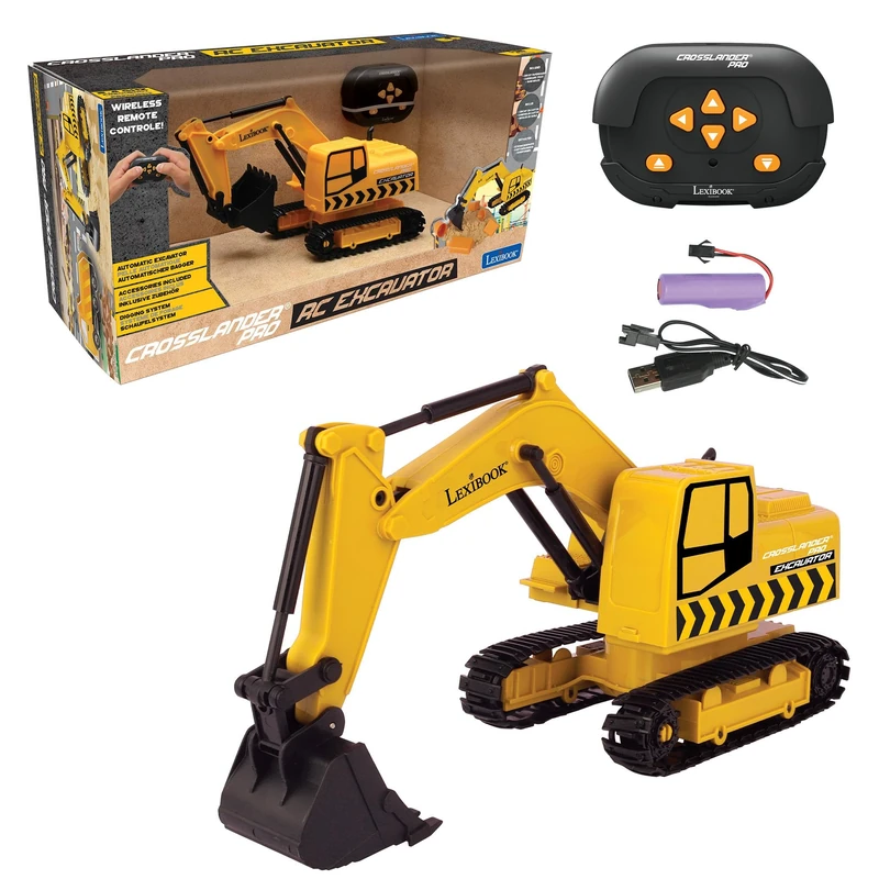 LEXIBOOK, Crosslander® pro RC Excavator, remote controlled backhoe, automatic shovel, play mat, sand moulds, 2 trucks and a bridge in boxes included, rechargeable, RCP30LXB