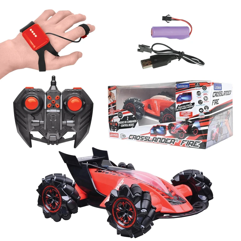 LEXIBOOK, Crosslander Fire, remote control car, up to 12km/h, 4 wheel drive, smoke jet, light and sound effects, music, remote control and gesture control bracelet included, rechargeable, RC60LXB