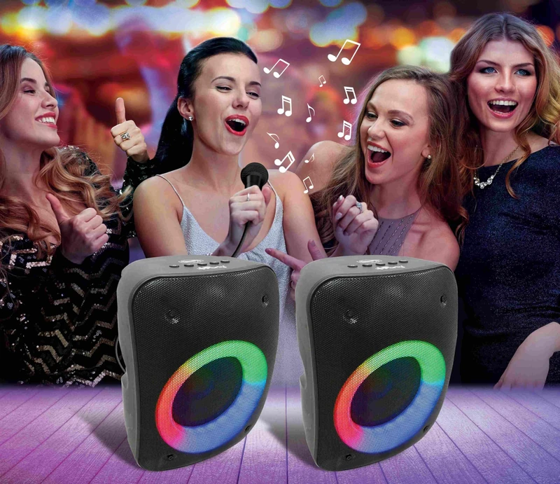 LEXIBOOK - iParty - 2 Bluetooth® Stereo Speakers, Microphone included, Light effects, TWS function, Bluetooth 5.0, black, BTS500ZLXB