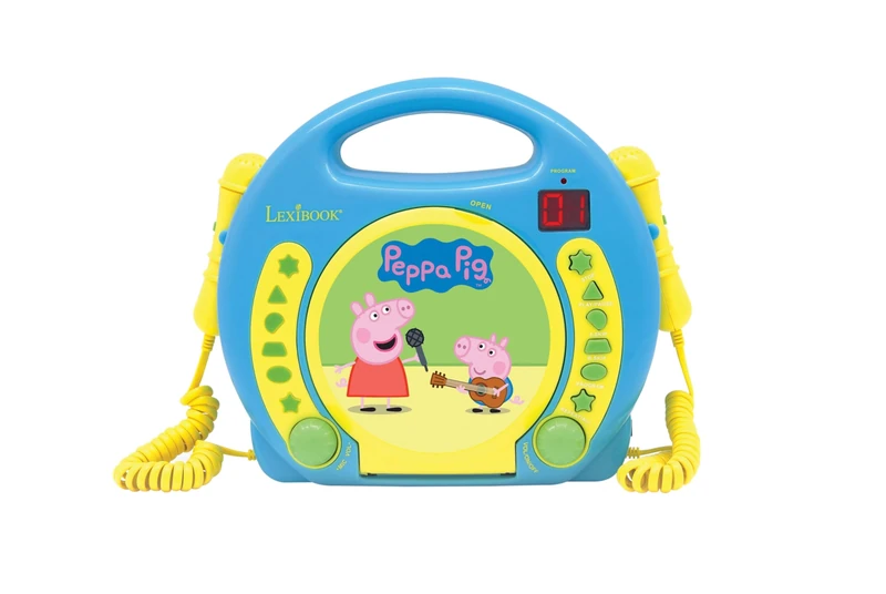 LEXIBOOK Peppa Pig Georges CD player with 2 microphones, Programming function, headphones jack, for kids, with power supply or batteries, Blue/Yellow, RCDK100PPLXB