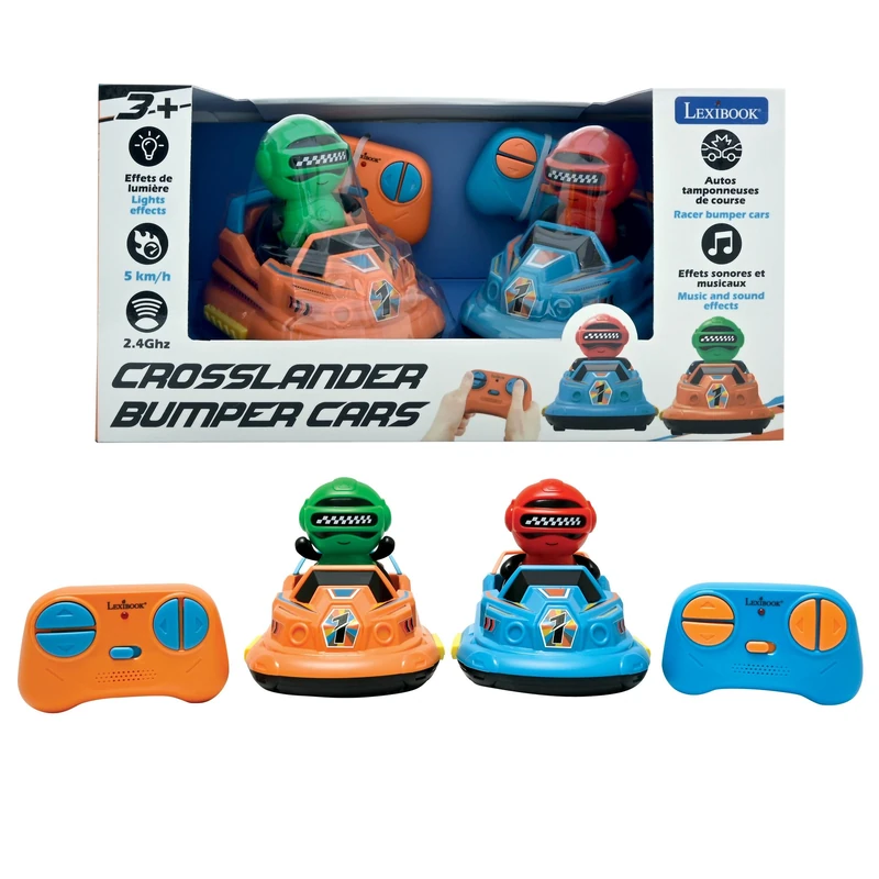 LEXIBOOK, Crosslander® Bumper Cars, Set of 2 Radio-Controlled Racing Bumper Cars, Up to 5 km/h, 2 Removable Characters, Sound and Light Effects, Blue/Orange, RC2ALXB - Image 1