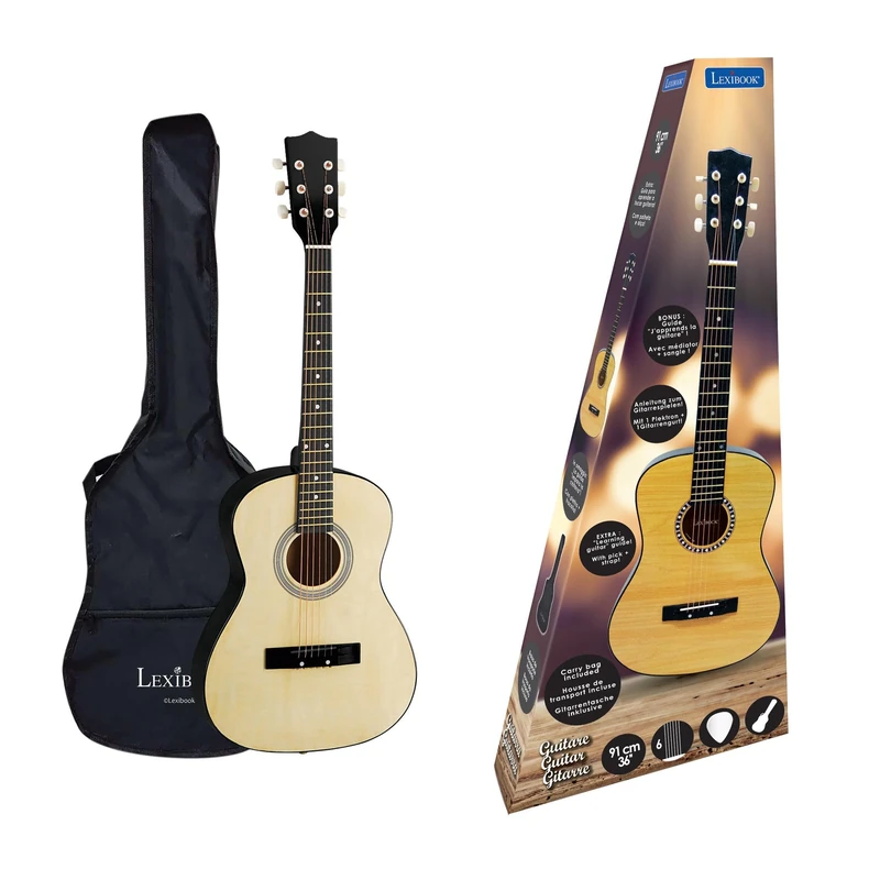 LEXIBOOK Wooden Acoustic Guitar, 36'', Learning guide included, 6 nylon strings, Carry bag included, Wood/Black, K2200LXB