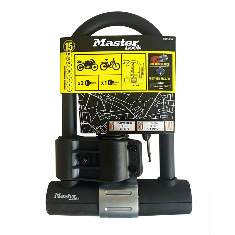 Master Lock 8377EURDPRO Certified Heavy Duty Bike D Lock, Keyed Universal Mounting Bracket, Certified Bike Lock - Police Approved Art4, Sold Secure Diamond, SRA