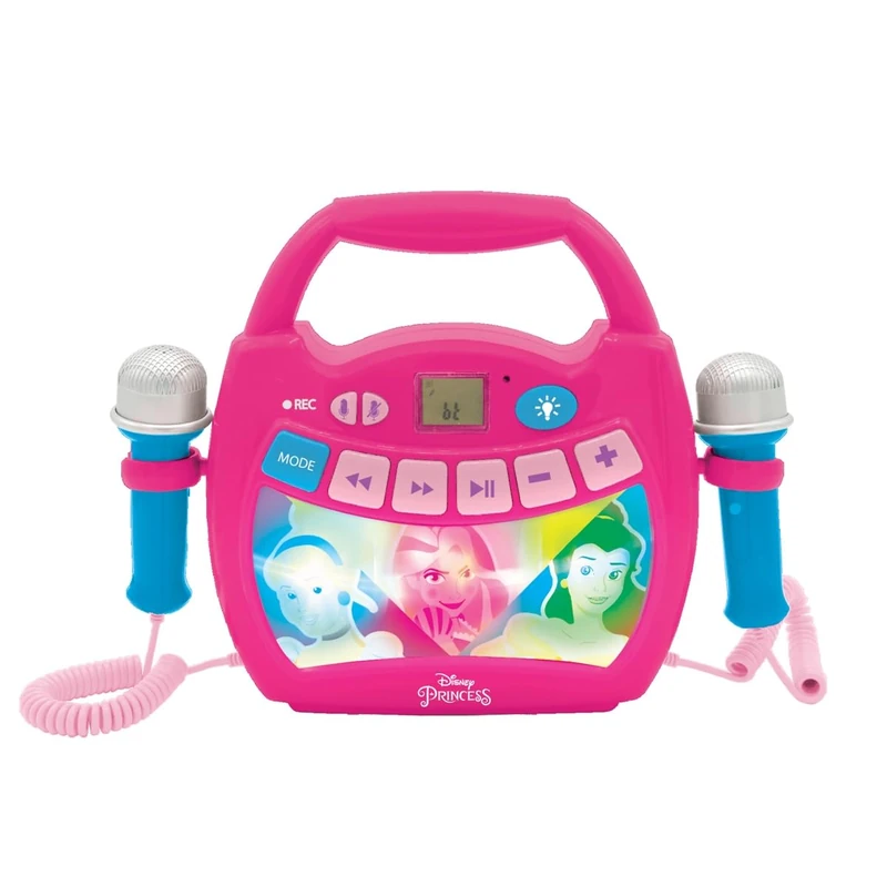 LEXIBOOK – Disney Princess - Portable karaoke digital player for kids – Microphones, Light effects, Bluetooth, Record and voice changer functions, Rechargeable battery, Pink, MP320DPZLXB