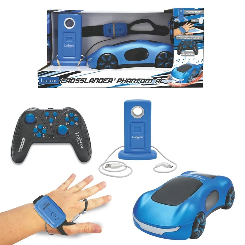 LEXIBOOK, Crosslander® Phantom RC, Remote control racing car with smoke jets, up to 15 km/h, Drift mode, Classic and gesture remote control, Sound and light effects, Blue, RC65LXB