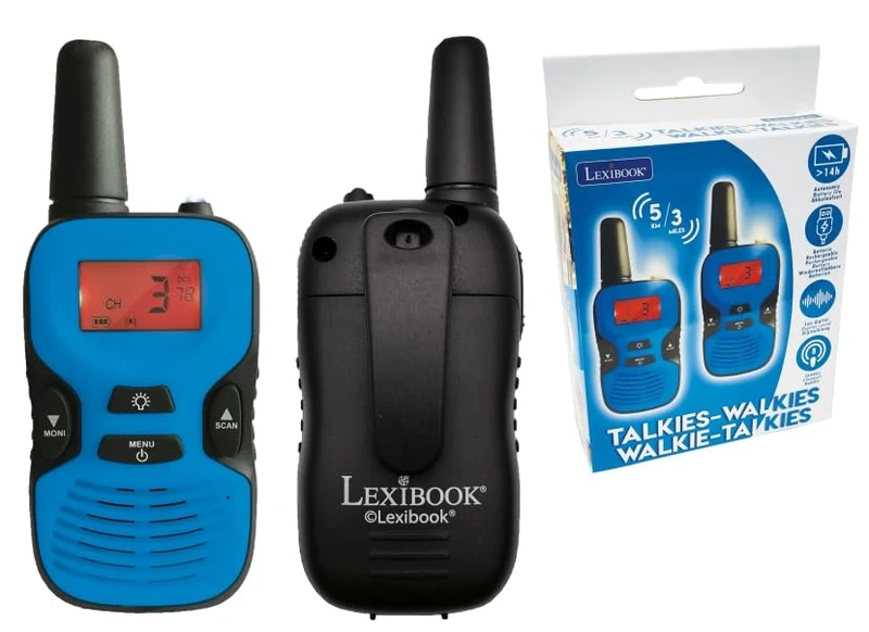 LEXIBOOK Walkie-talkies for kids, toys long range 5km / 3 miles, rechargeable battery, LCD screen, digital sound, indoor and outdoor communication game, Belt clip, Blue/Black, TW43LXB - Image 1
