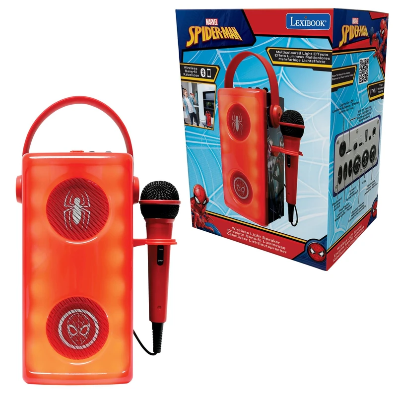 LEXIBOOK, Marvel Spider-Man, Luminous Wireless Bluetooth® Speaker with Microphone, Multi-colored Light Effects, SD/TF Card Slot, Rechargeable Battery, Red, BTP185SPZLXB