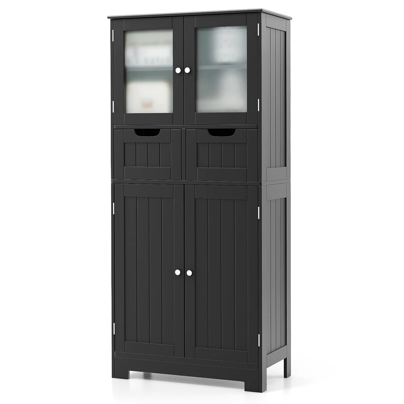 RELAX4LIFE Bathroom Floor Cabinet, Free Standing Storage Cupboard with 2 Drawer, Double Door Cabinet & 3-Height Adjustable Shelves, Wooden MDF Organiser Unit for Entryway Living Room Kitchen (Black)