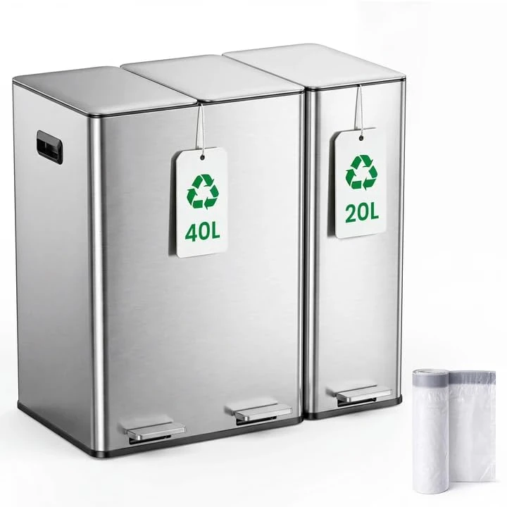YEAUPE PRO Kitchen Bin,40L Double Bin+20L Single Bin,Tall Slim 60L Stainless Steel Pedal Bin,Dual Bin Rubbish Recycling with Soft-Close Lids and Inner Buckets,Odour Seal,Trash Can for Narrow Space