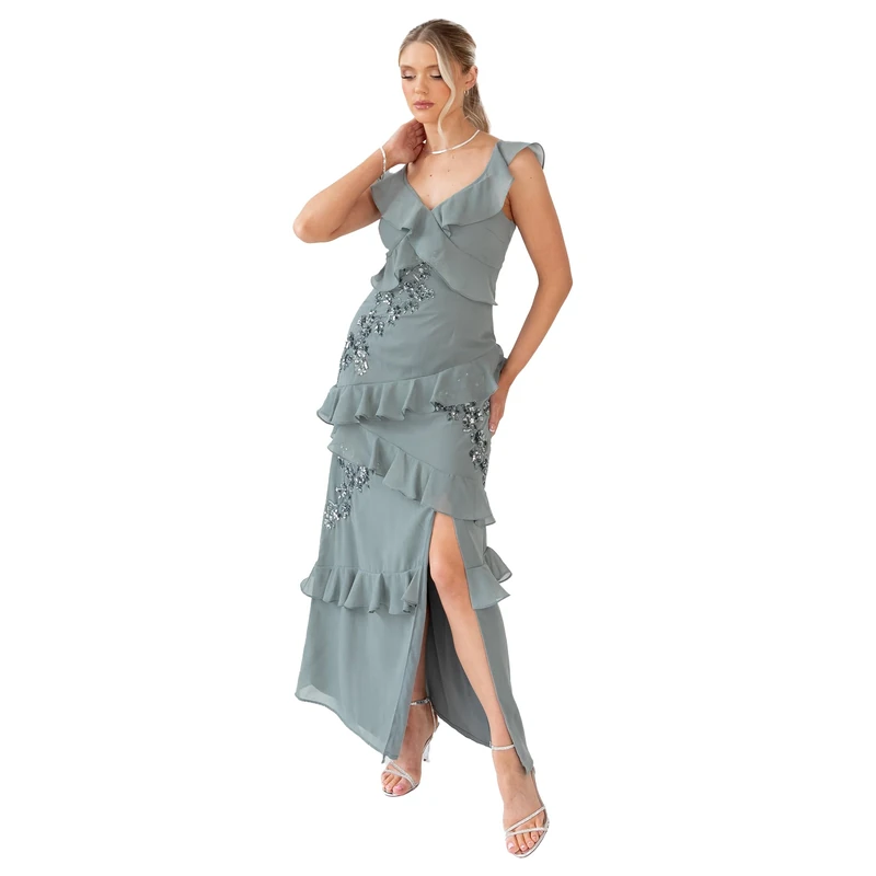 Women’s Green Navy Maxi Dress Ruffle V-Neck Sequin Detail Side Split Evening Gown for Wedding Guest & Formal Events Size 8