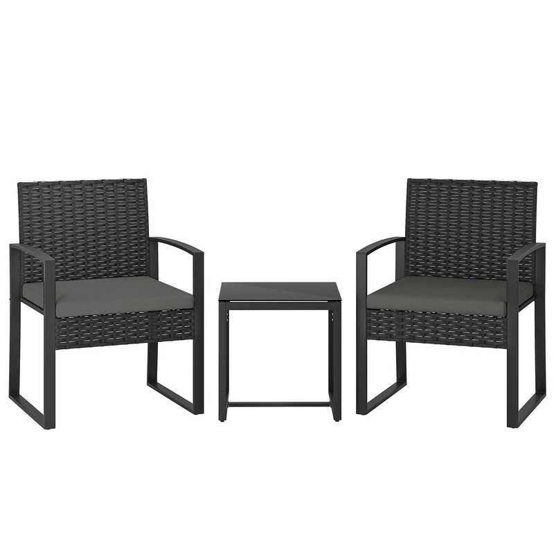 Outsunny 3 Piece Rattan Bistro Set, PE Wicker Garden Furniture Conversation Set, Tempered Glass Bistro Table and Chairs with Cushions for Patio, Balcony, Porch, Dark Grey - Image 1
