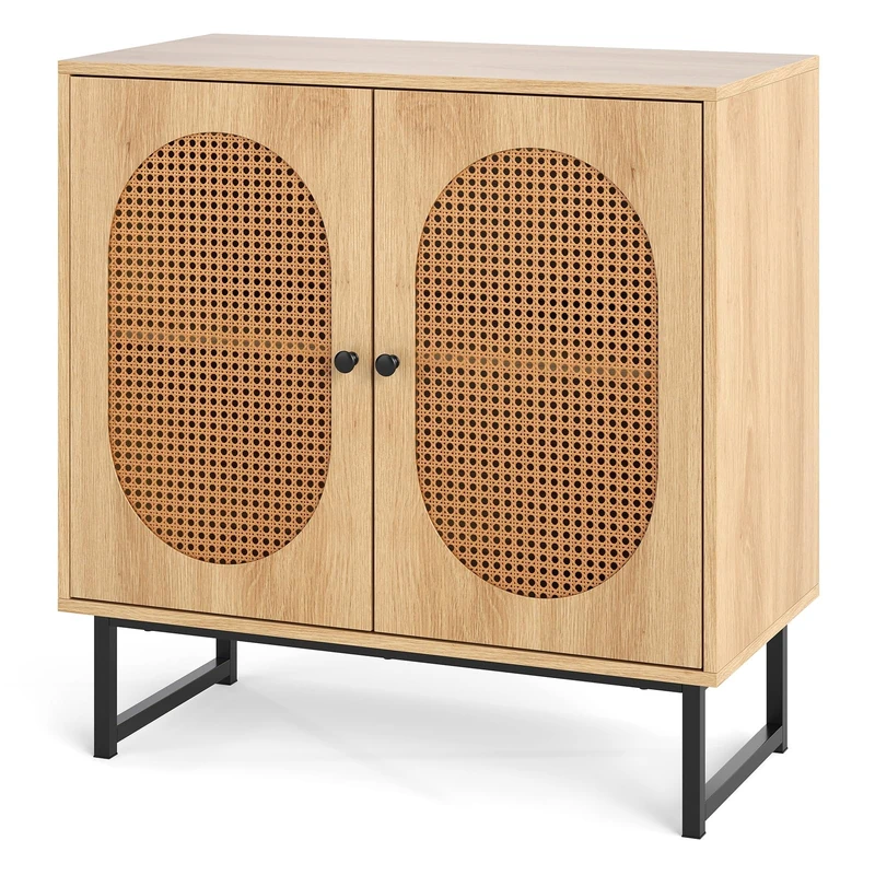 GiantexUK Kitchen Buffet Sideboard, Wooden Storage Cabinet with 2 PE Rattan Doors, Adjustable Shelves & Metal Legs, Display Cupboard for Dining Living Room Hallway (Natural)