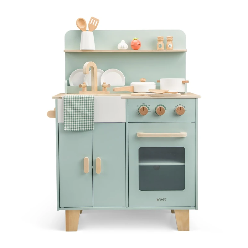 Woet® Wooden Toy Kitchen with Oven, Sink & 16 Accessories, Mint Green