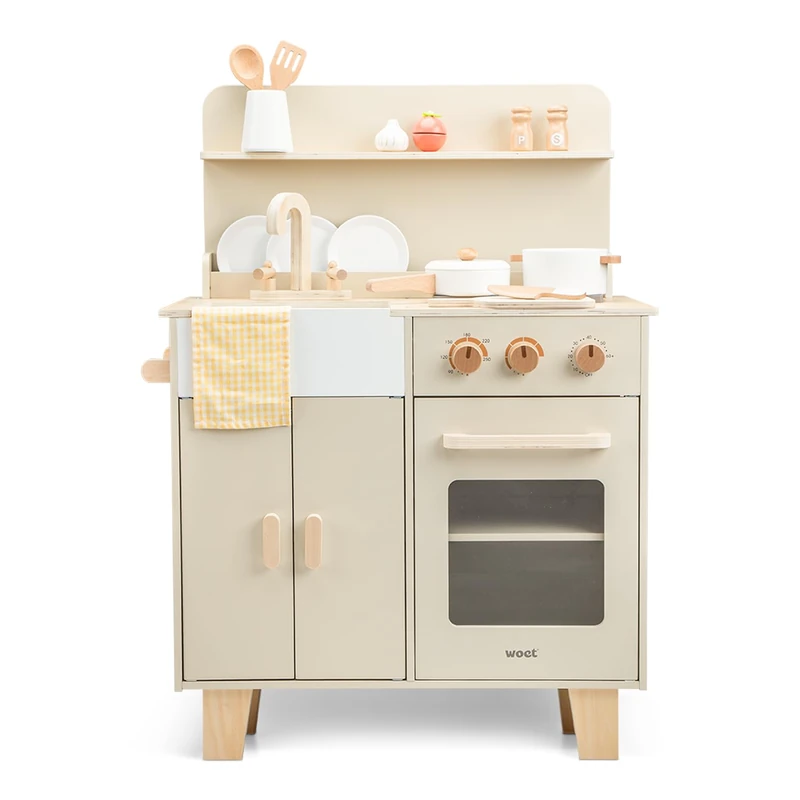 Woet® Wooden Toy Kitchen with Oven, Sink & 16 Accessories, Beige