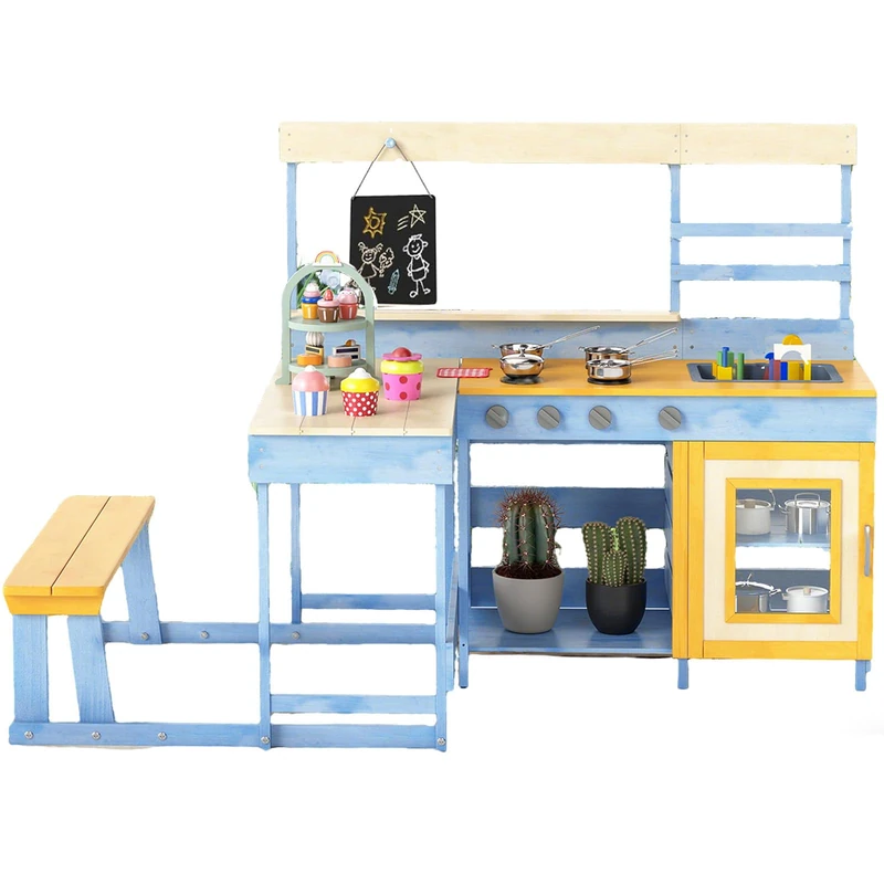 GYMAX Kids Mud Kitchen, Outdoor Children Pretend Play Kitchen (Blue+yellow)