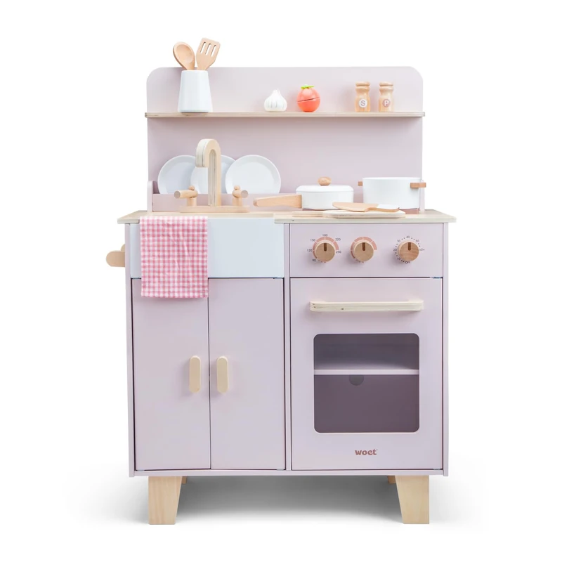 Woet® Play Kitchen in Beige Wood for Children – with Oven, Sink and Accessories – Imitation Kitchen Set – Ages 3 (Pink) - Image 1