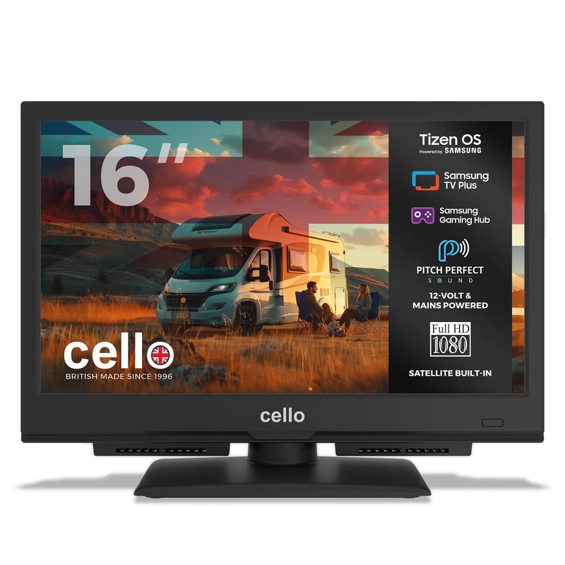 Cello CTRAV-16TZ Traveller 16" 12V Smart TV, Made in the UK – Tizen OS FreeSat, Bluetooth, Pitch Perfect Sound, Prime Video, Apple, BBC – Ideal for Campervans, HGVs & Boats