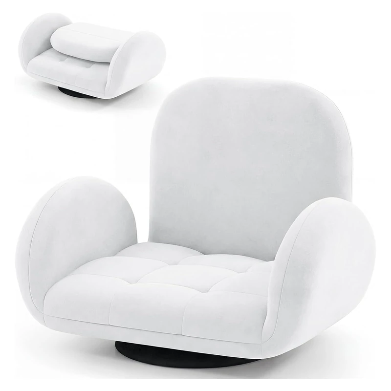 RELAX4LIFE Folding Floor Chair, Lazy Sofa Bed Seat with Adjustable Backrest & Armrests, Upholstered Recliner Lounge Chair Sleeper Couch for Gaming Reading Meditation (White, with Swivel Base)