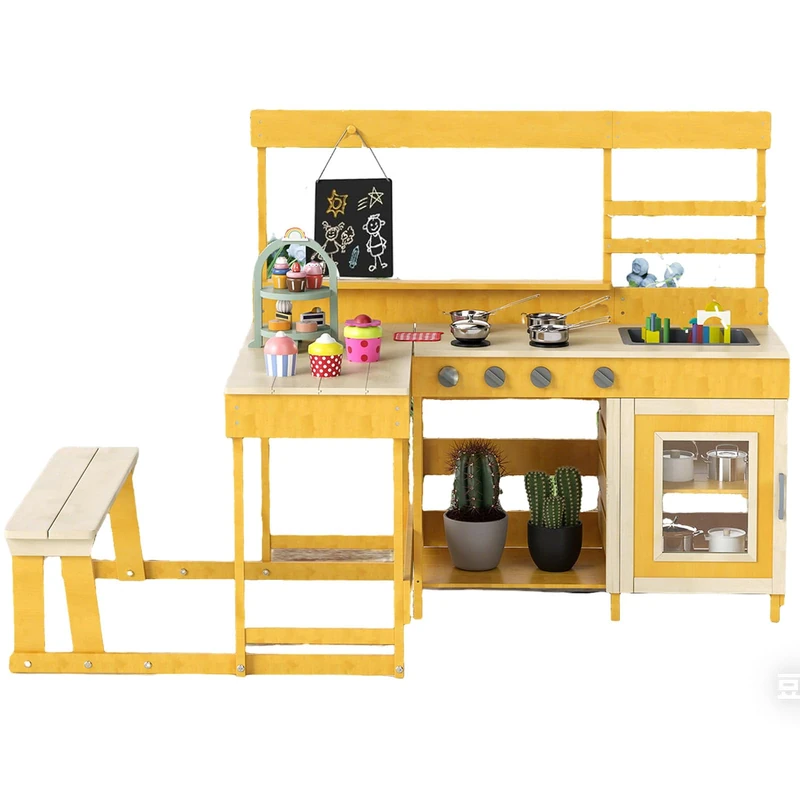 GYMAX Kids Mud Kitchen, Children Pretend Play Kitchen with Picnic Table, Bench, Blackboard, Stoves, Kitchenware & Dessert Accessories, Outdoor Wooden Toy Kitchen Set for 3+ Years Old (Natural)