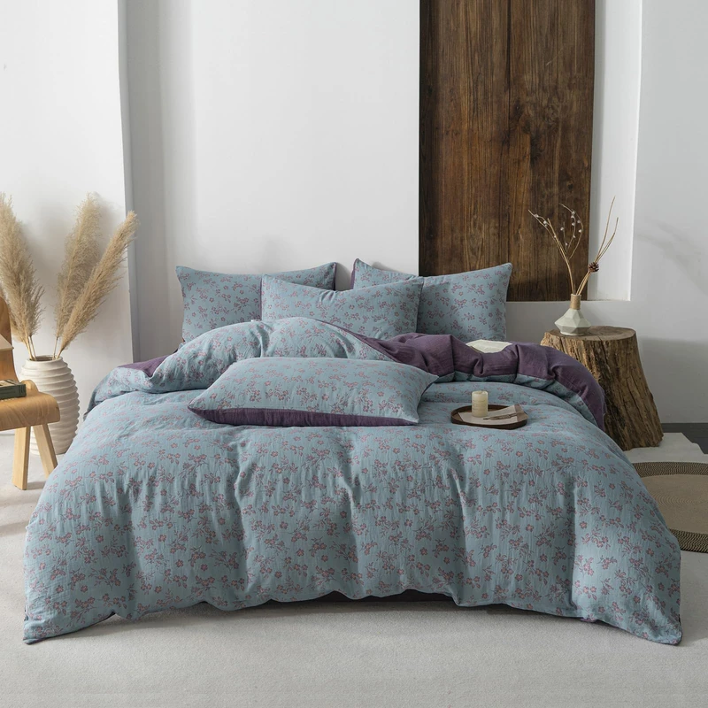 EAVD Vintage Pink Floral Duvet Cover Queen Blue Soft 100% Muslin Cotton Muslin Cotton Yarn-Dyed Textured Cute Floral Bedding Set with 2 Pillowcases Chic Shabby Botanical Duvet Cover with Zipper
