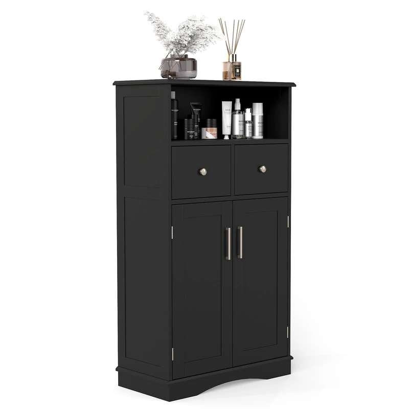 RELAX4LIFE Bathroom Tall Cabinet, 3-Height Adjustable Free Standing Cupboard with Double Door Cabinet, Wooden Storage Organiser Unit for Entryway Living Room Kitchen (Black,2 Drawer + Open Shelf)