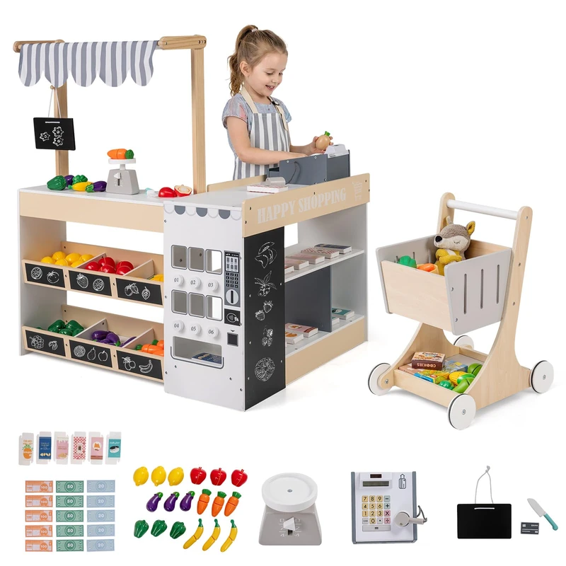 GYMAX Kids Grocery Store, Wooden Role Play Shop (Natural)