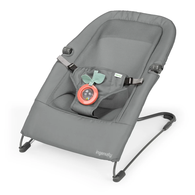 Ingenuity Stow & Go Compact Folding Baby Bouncer, Lightweight Portable Seat with Vibration & Toy, Grey, Under 5 lbs