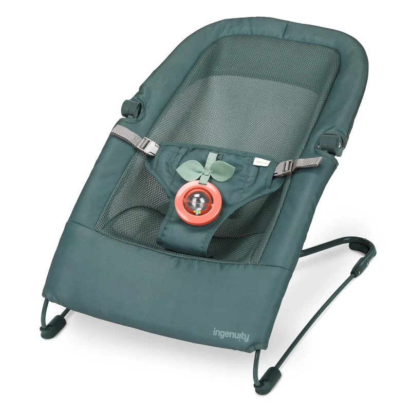 Ingenuity Stow & Go Compact Folding Baby Bouncer, Lightweight Portable Seat with Vibration & Toy, Green, Under 5 lbs